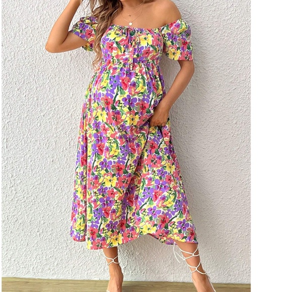 Boho Floral Print Shirred Puff Sleeve Dress - Picture 4 of 5